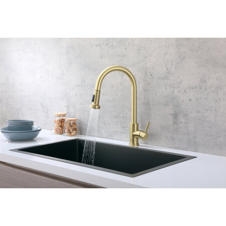 Brushed Gold Stainless Steel Gooseneck Kitchen Faucet with Pull-out Spray
