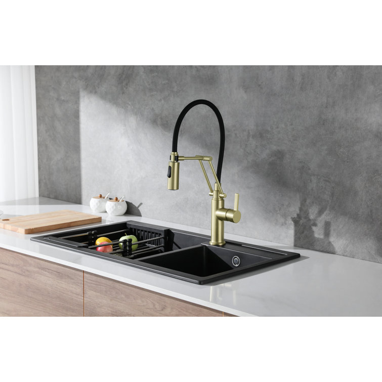 Brushed Gold Brass Low Arc Kitchen Faucet with Pull-out Spray