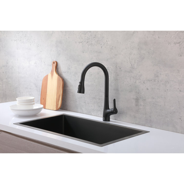 Matte Black Gooseneck Pull-Down Kitchen Faucet with Spray