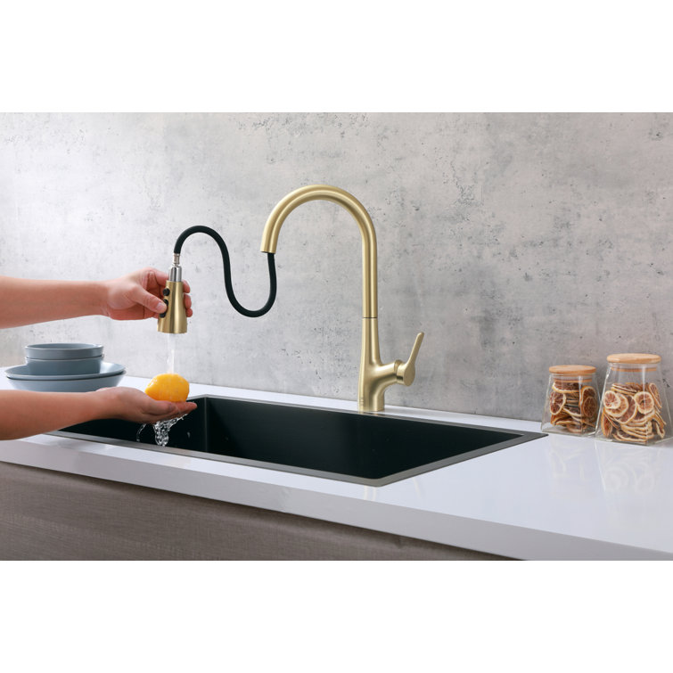 Brushed Gold Stainless Steel Gooseneck Kitchen Faucet with Pull-out Spray