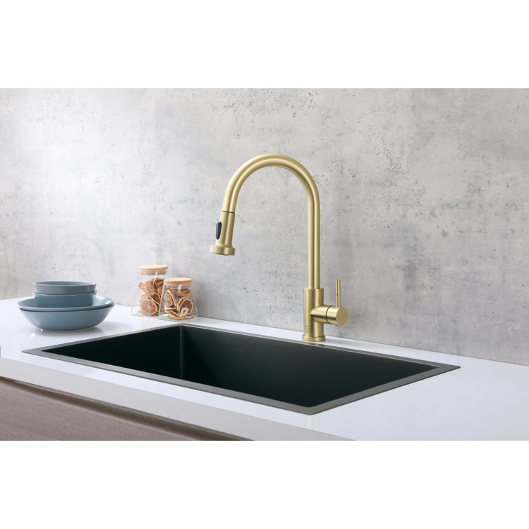 Brushed Gold Stainless Steel Gooseneck Kitchen Faucet with Pull-out Spray