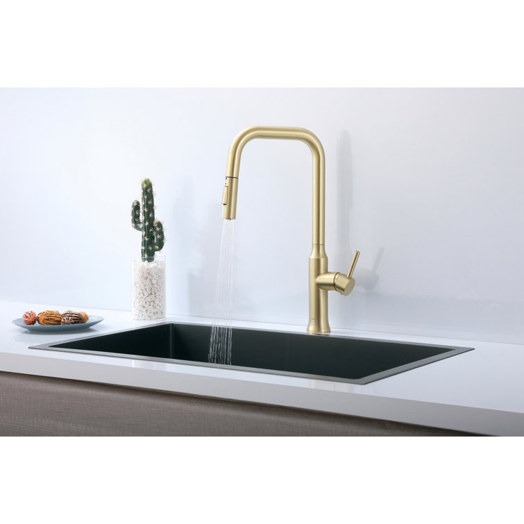 Brushed Gold Stainless Steel Gooseneck Kitchen Faucet with Pull-out Spray