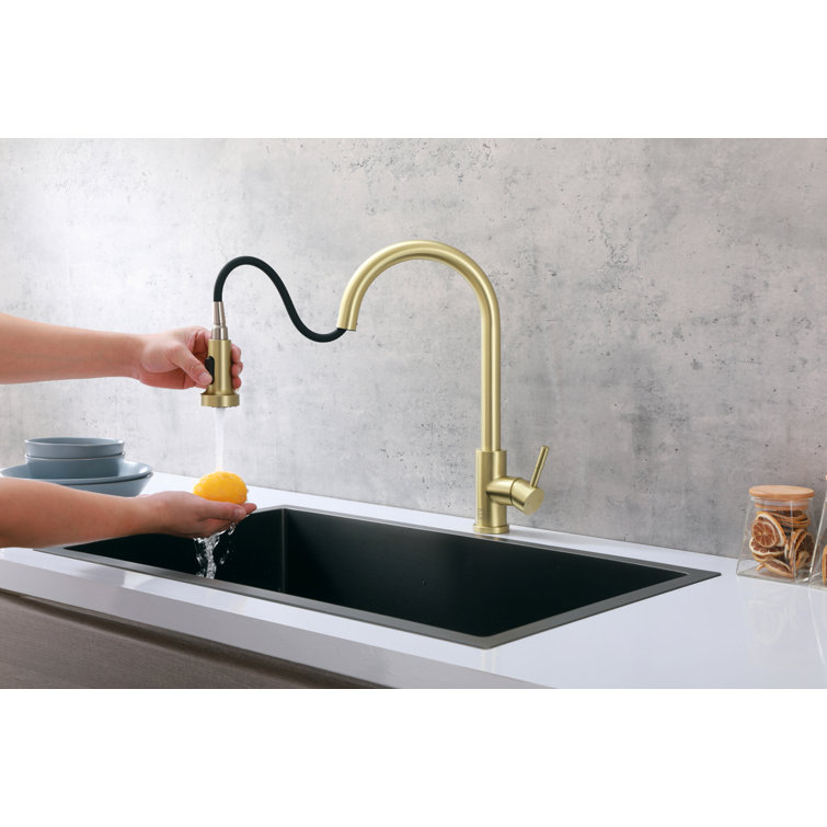 Brushed Gold Stainless Steel Gooseneck Kitchen Faucet with Pull-out Spray