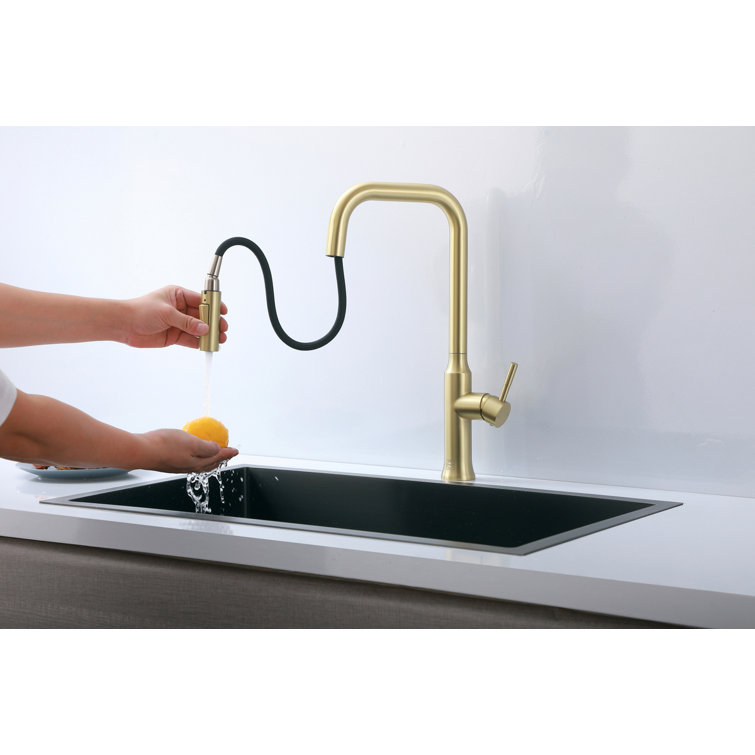 Brushed Gold Stainless Steel Gooseneck Kitchen Faucet with Pull-out Spray