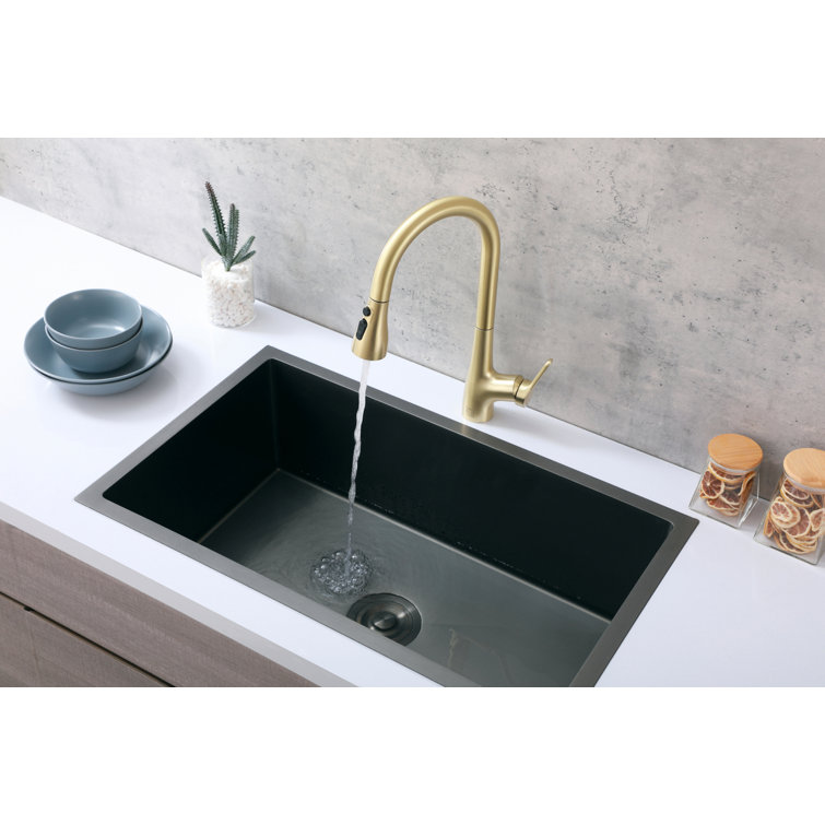 Brushed Gold Stainless Steel Gooseneck Kitchen Faucet with Pull-out Spray
