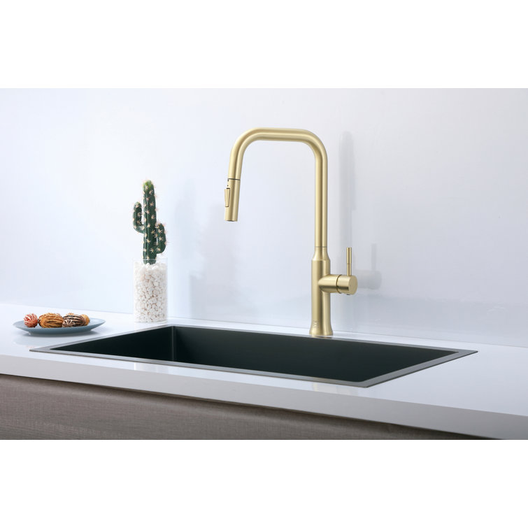 Brushed Gold Stainless Steel Gooseneck Kitchen Faucet with Pull-out Spray