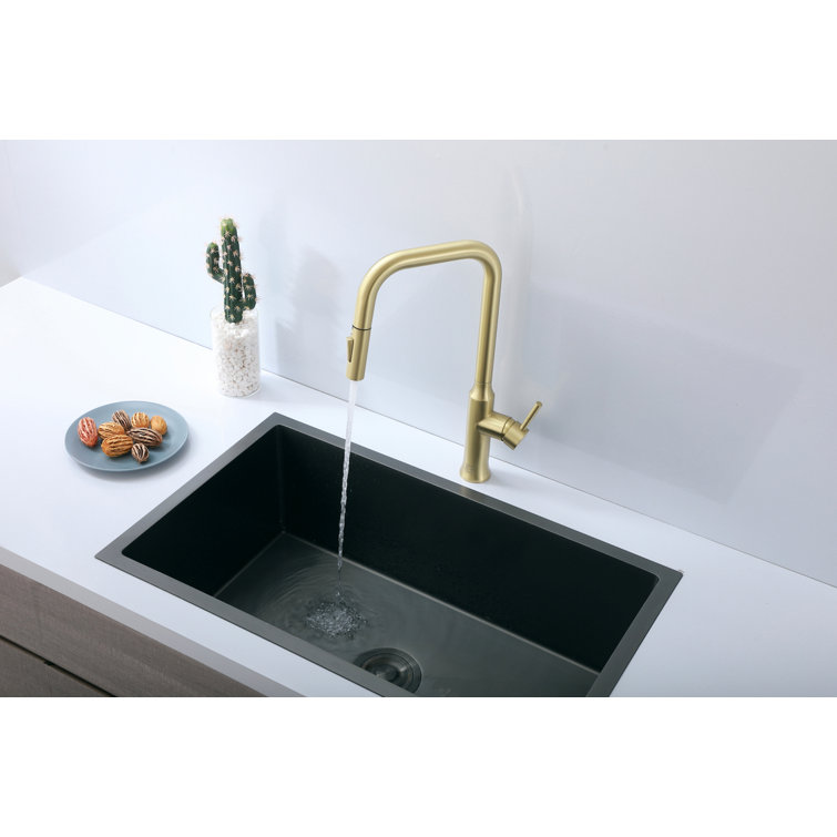 Brushed Gold Stainless Steel Gooseneck Kitchen Faucet with Pull-out Spray
