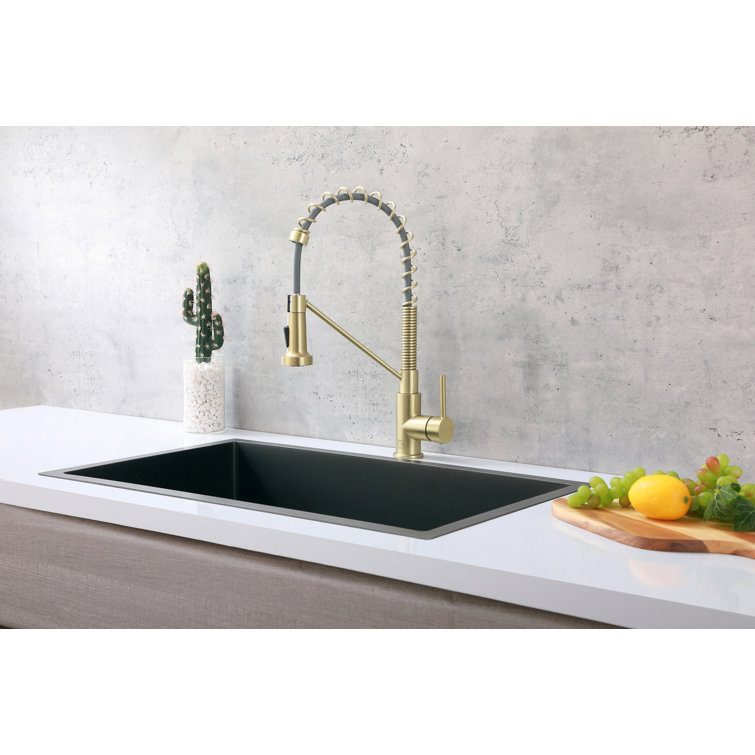 Brushed Gold Brass Spring Neck Kitchen Faucet with Pull-out Spray