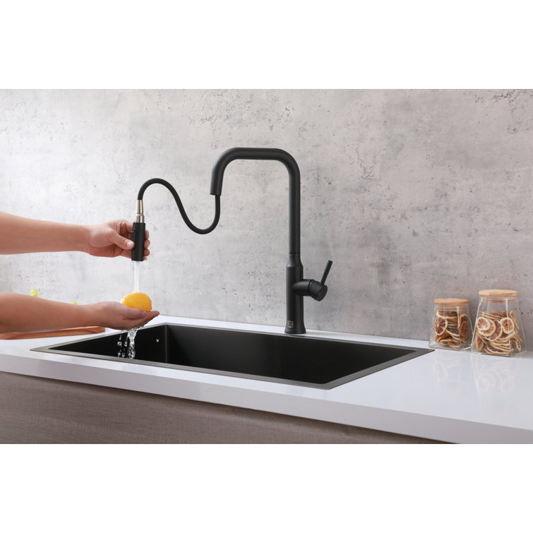 Matte Black Stainless Steel Gooseneck Kitchen Faucet with Pull-out Spray