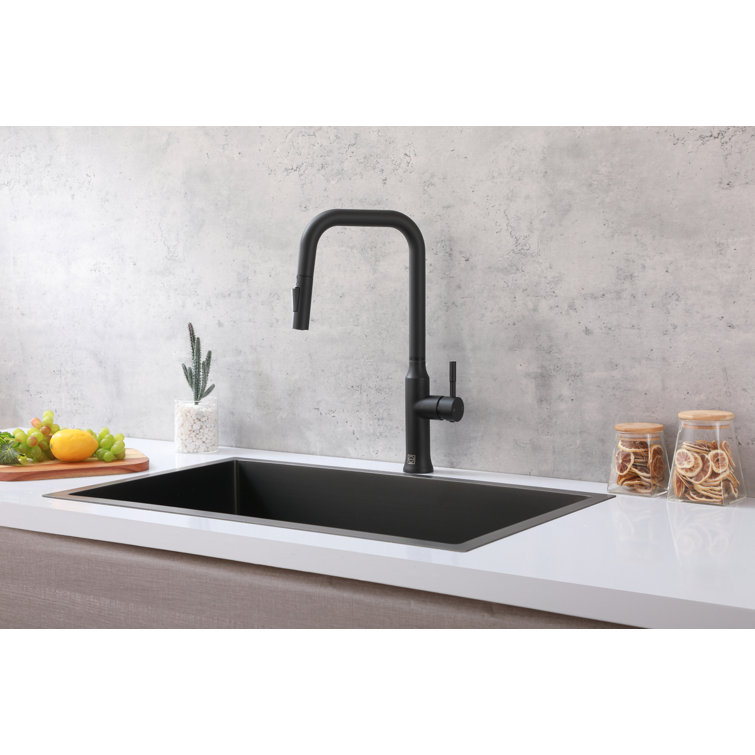 Matte Black Stainless Steel Gooseneck Kitchen Faucet with Pull-out Spray