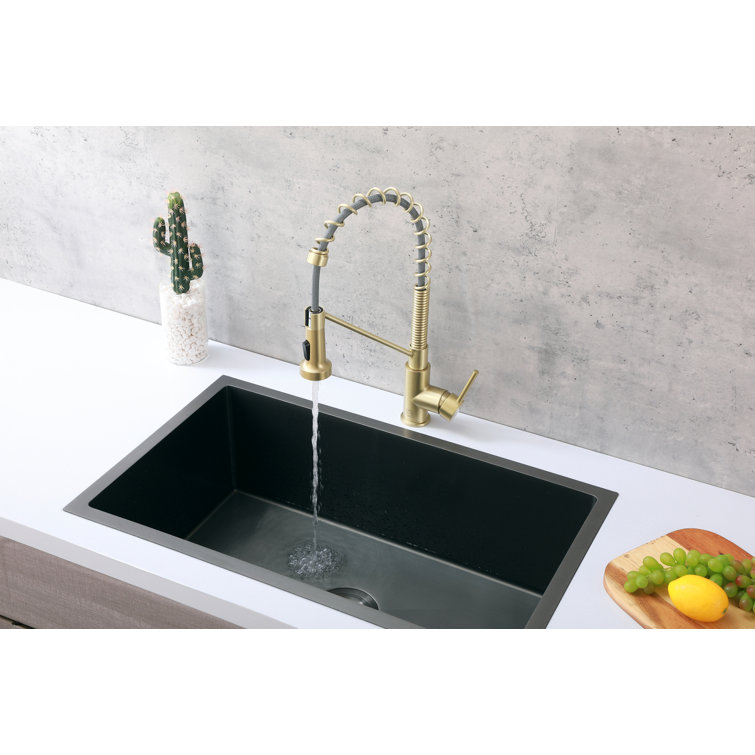 Brushed Gold Brass Spring Neck Kitchen Faucet with Pull-out Spray