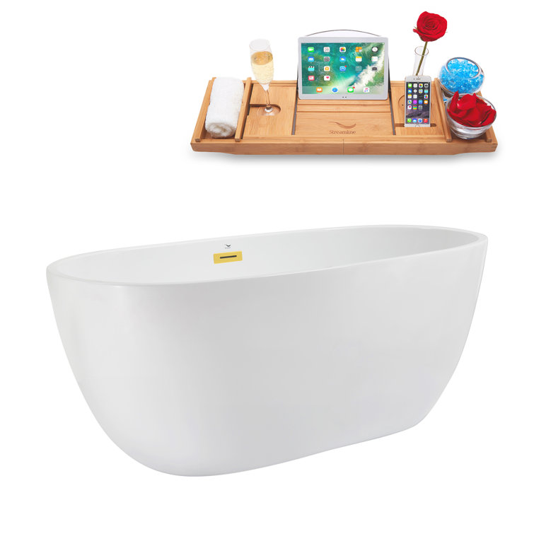 Glossy White Acrylic Freestanding Soaking Bathtub with Polished Gold Trim