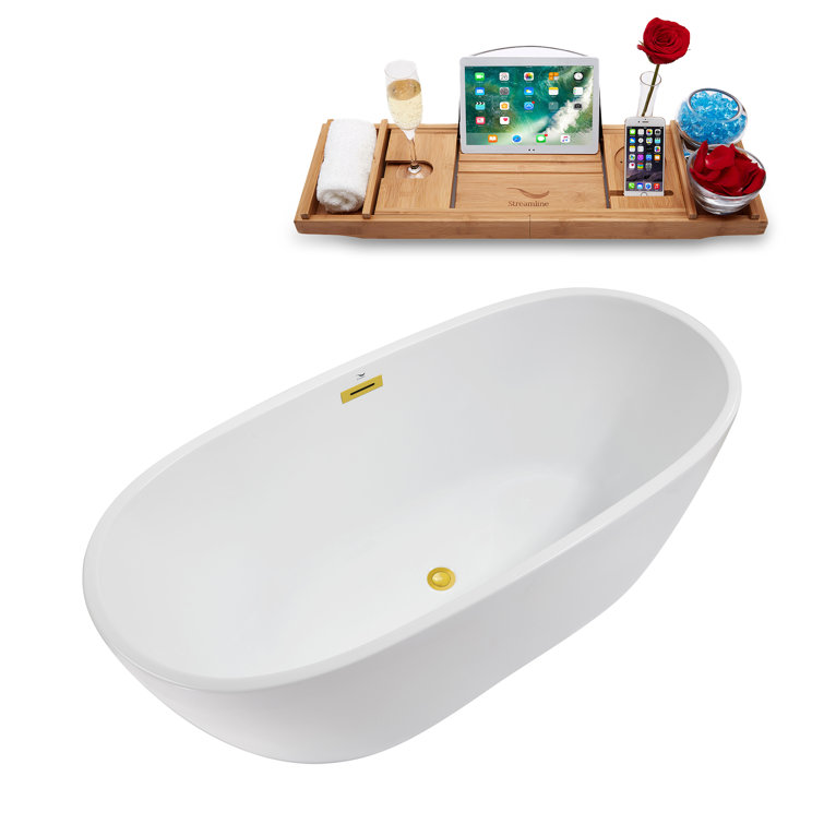Glossy White Acrylic Freestanding Soaking Bathtub with Polished Gold Trim
