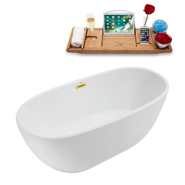 Glossy White Acrylic Freestanding Soaking Bathtub with Polished Gold Trim
