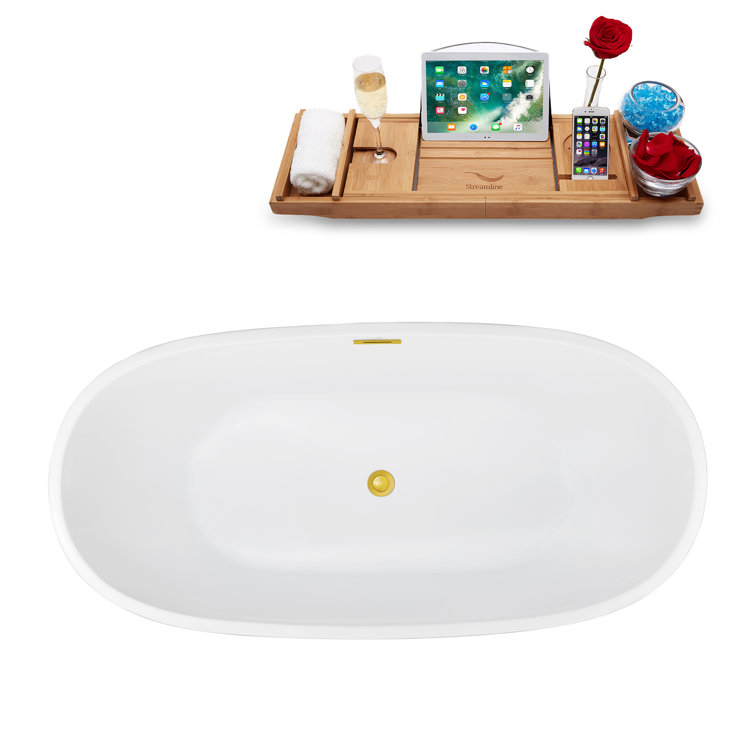 Glossy White Acrylic Freestanding Soaking Bathtub with Polished Gold Trim
