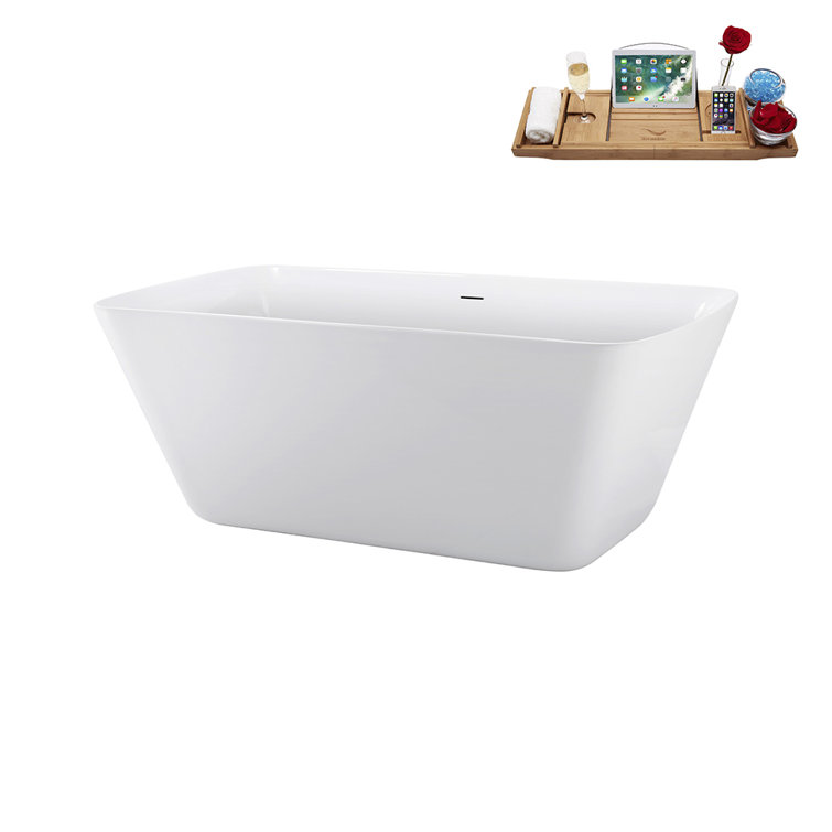 59" Glossy White Freestanding Acrylic Soaking Bathtub with Brushed Brass Drain