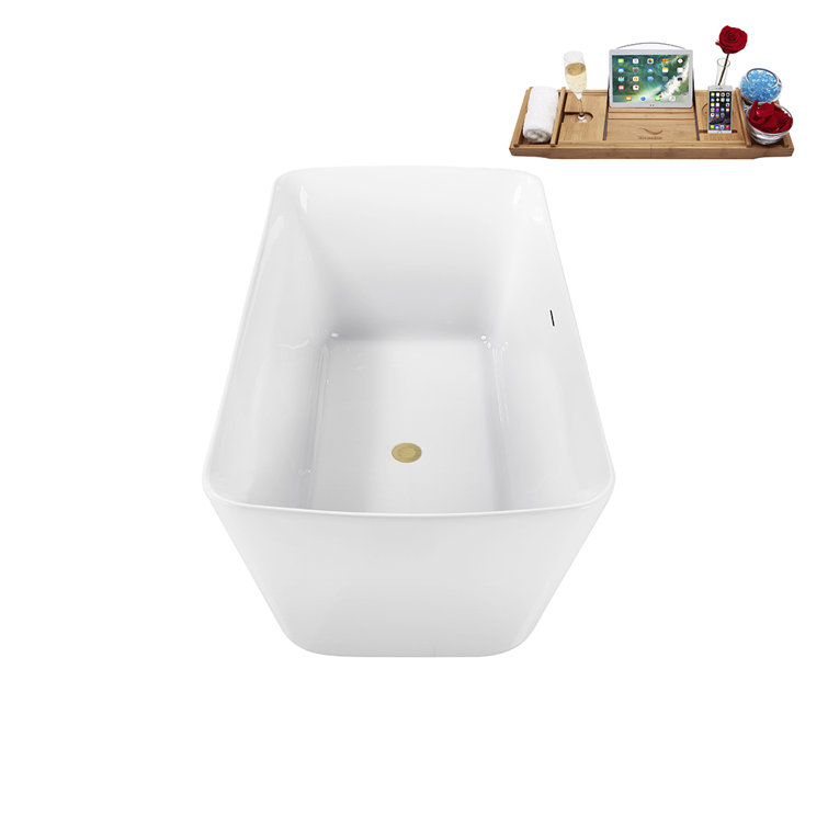 59" Glossy White Freestanding Acrylic Soaking Bathtub with Brushed Brass Drain