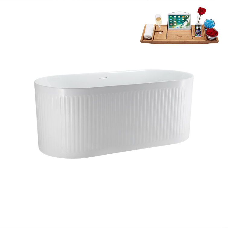59'' Glossy White Freestanding Acrylic Soaking Bathtub with Tray