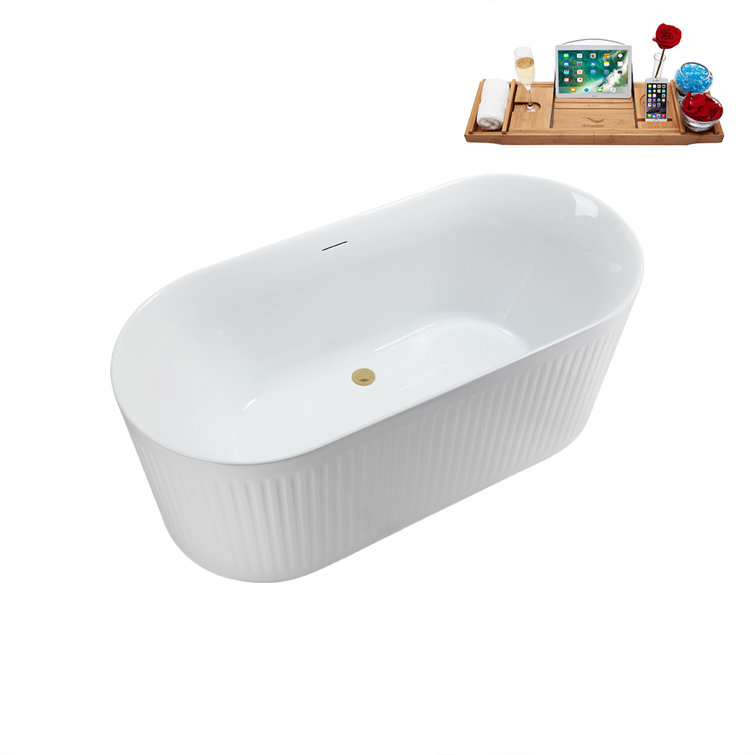 59'' Glossy White Freestanding Acrylic Soaking Bathtub with Tray