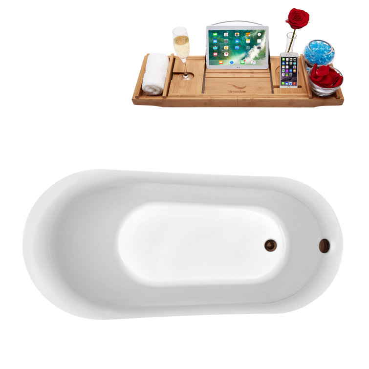 59" Glossy White Acrylic Freestanding Soaking Bathtub with Bamboo Tray