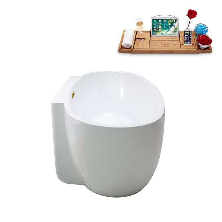 Glossy White Oval Acrylic Freestanding Soaking Tub with Brushed Gold Trim