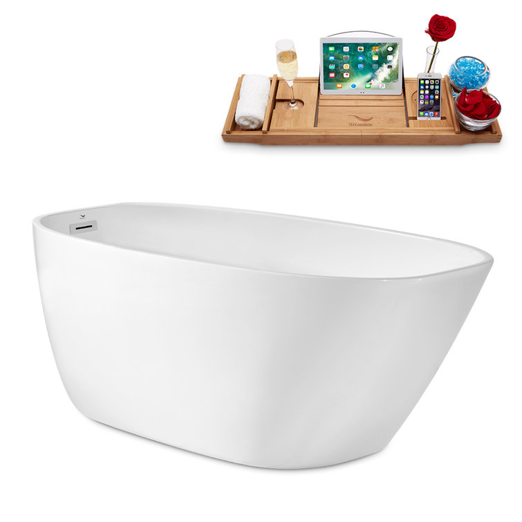 Glossy White Acrylic Oval Freestanding Bathtub with Polished Chrome Drain