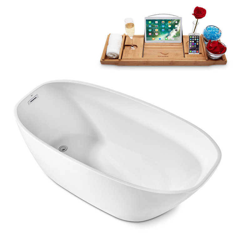 Glossy White Acrylic Oval Freestanding Bathtub with Polished Chrome Drain