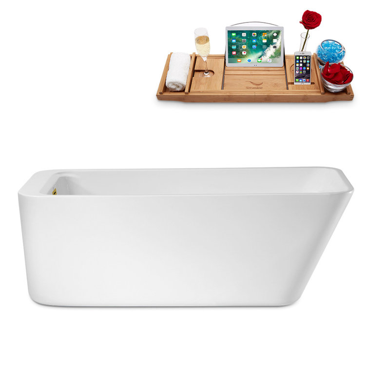 63" Glossy White Acrylic Freestanding Bathtub with Brushed Gold Hardware
