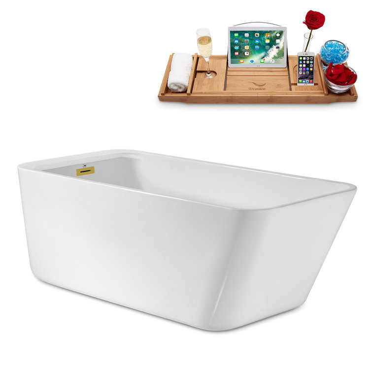 63" Glossy White Acrylic Freestanding Bathtub with Brushed Gold Hardware