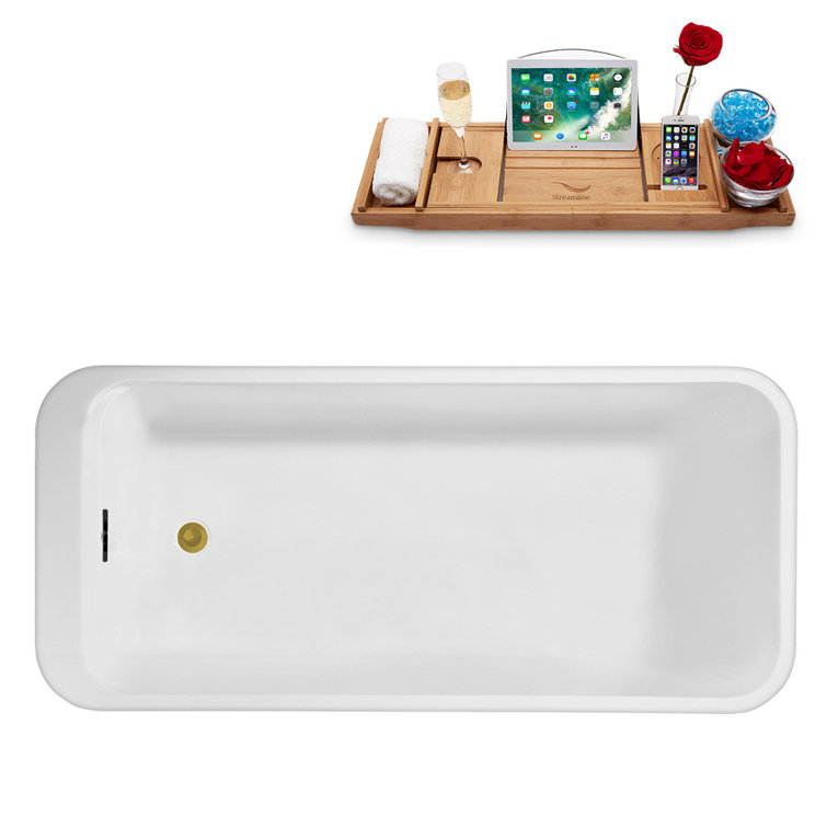 63" Glossy White Acrylic Freestanding Bathtub with Brushed Gold Hardware