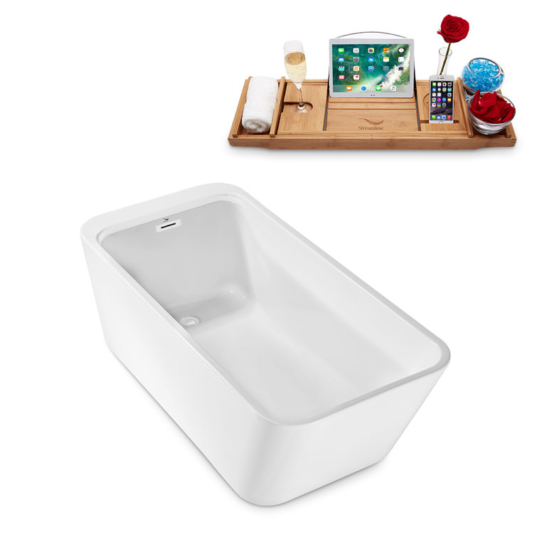 63" Glossy White Freestanding Acrylic Soaking Bathtub with Bamboo Tray