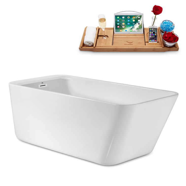 63" Glossy White Freestanding Acrylic Soaking Bathtub with Bamboo Tray