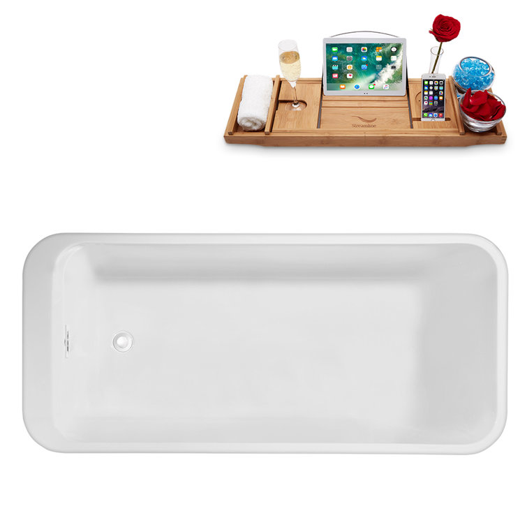 63" Glossy White Freestanding Acrylic Soaking Bathtub with Bamboo Tray
