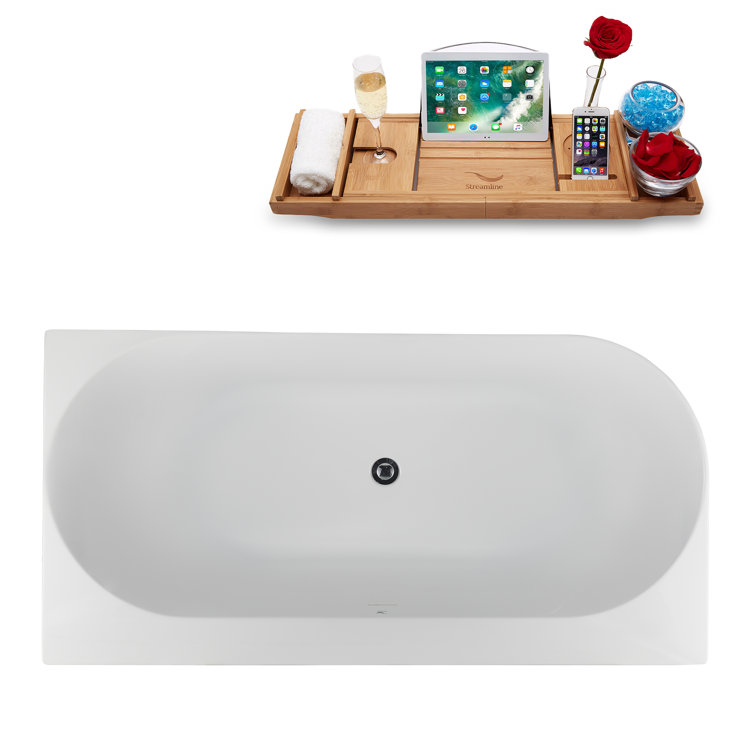 55" Glossy White Acrylic Freestanding Soaking Bathtub with Polished Chrome Drain