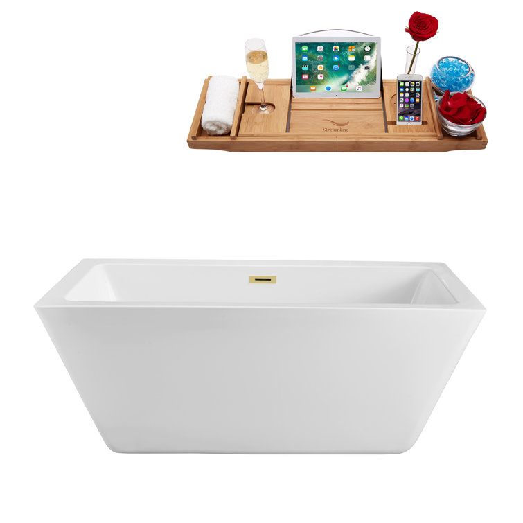 60" White Acrylic Freestanding Soaking Bathtub with Bamboo Tray