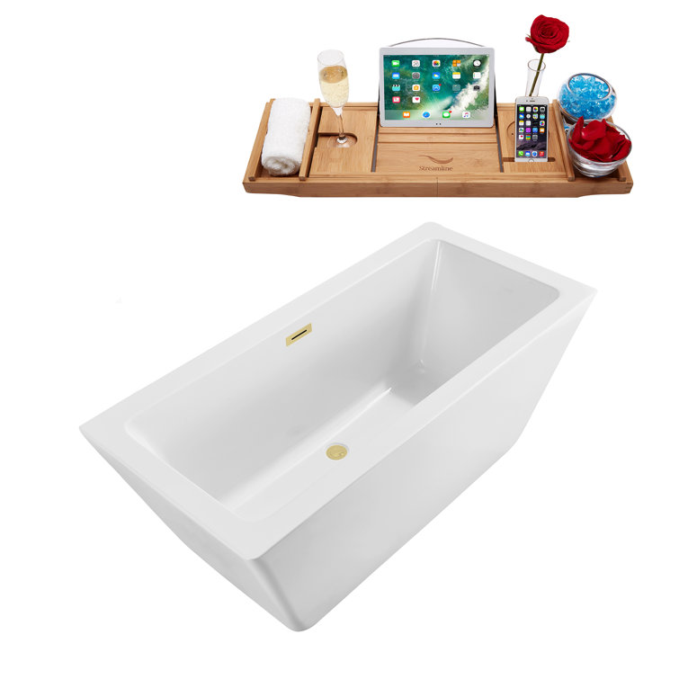 60" White Acrylic Freestanding Soaking Bathtub with Bamboo Tray