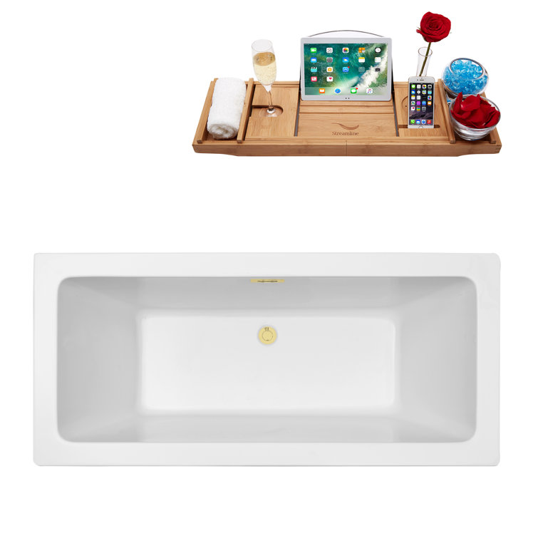 60" White Acrylic Freestanding Soaking Bathtub with Bamboo Tray