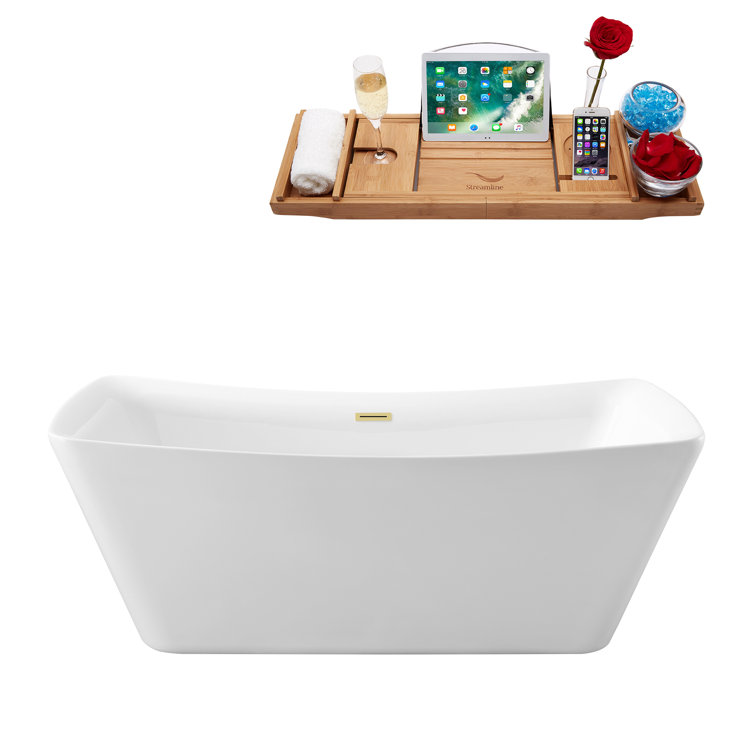 62" Glossy White Acrylic Freestanding Soaking Bathtub with Polished Brass Drain