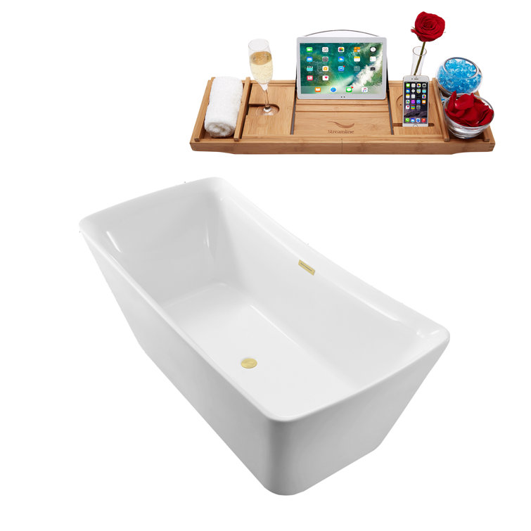62" Glossy White Acrylic Freestanding Soaking Bathtub with Polished Brass Drain