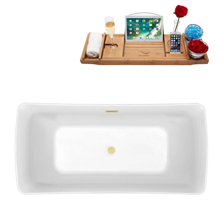 62" Glossy White Acrylic Freestanding Soaking Bathtub with Polished Brass Drain