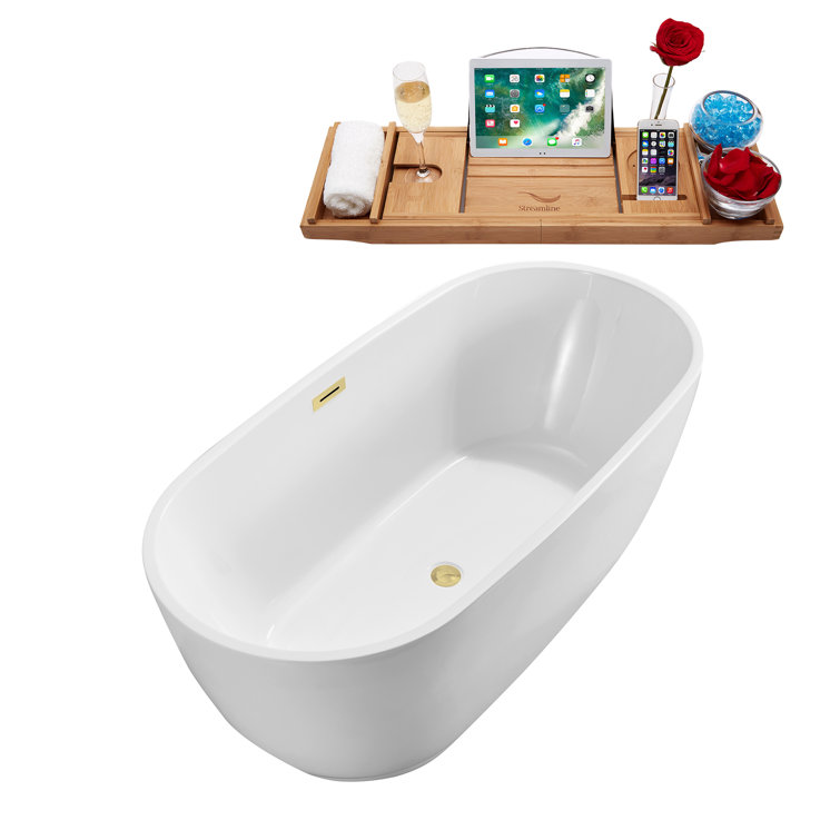 71" Glossy White Acrylic Freestanding Soaking Bathtub with Polished Brass Drain