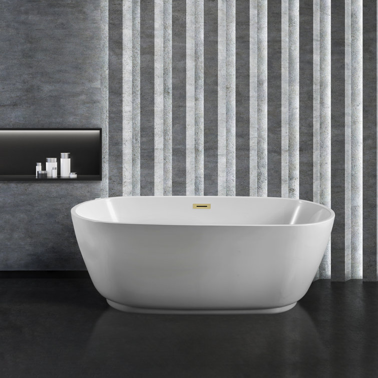 71" Glossy White Acrylic Freestanding Soaking Bathtub with Polished Brass Drain