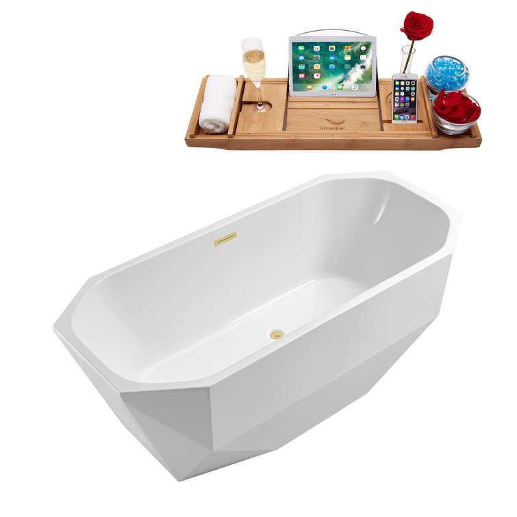 63" Glossy White Acrylic Freestanding Soaking Bathtub with Polished Brass Drain