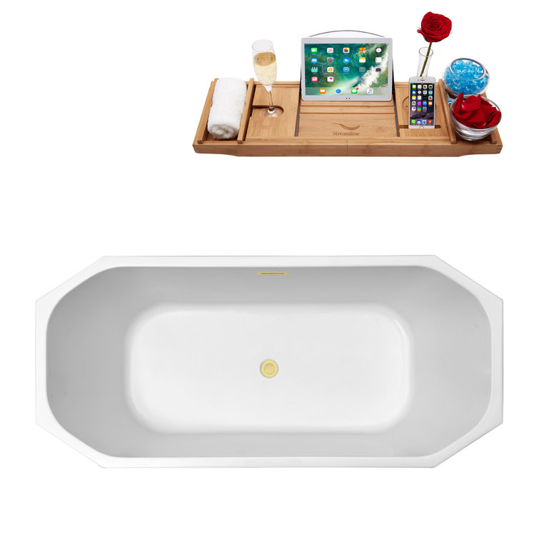 63" Glossy White Acrylic Freestanding Soaking Bathtub with Polished Brass Drain