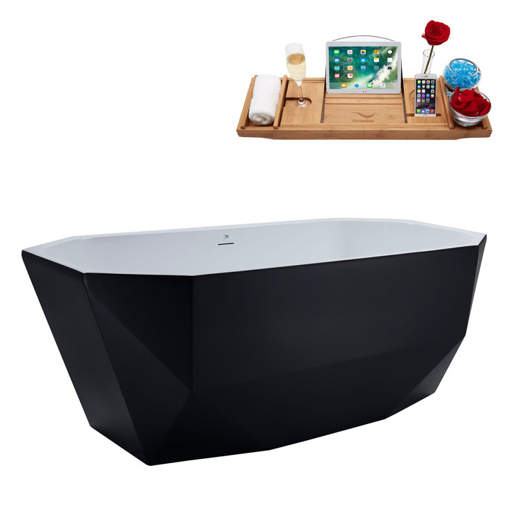63'' Matte Black Acrylic Freestanding Soaking Bathtub with Polished Brass Trim