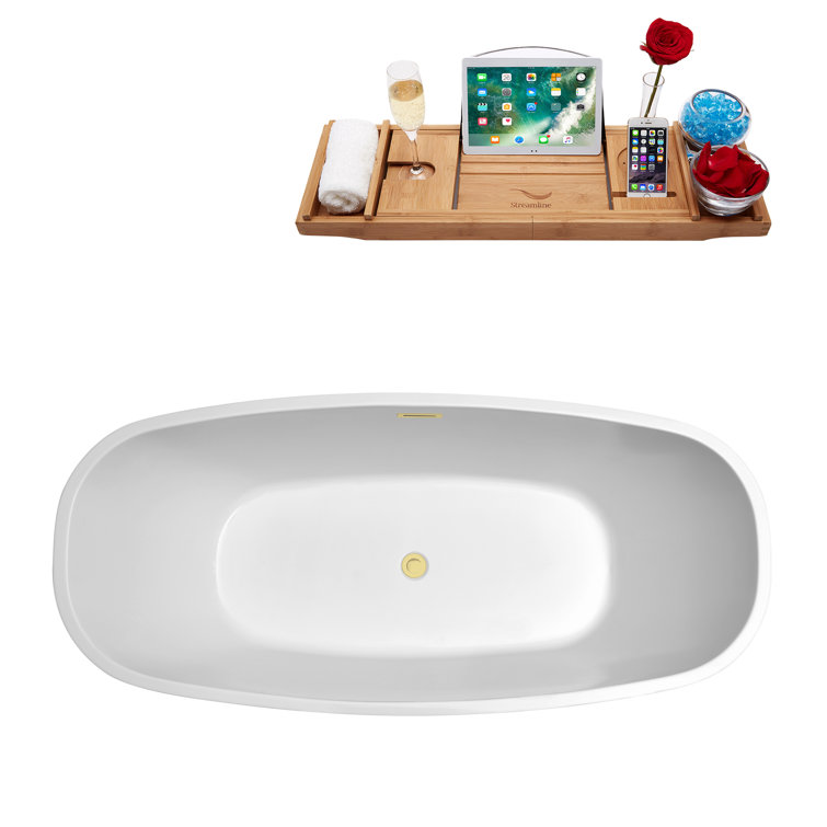 59" Glossy White Acrylic Freestanding Soaking Bathtub with Polished Brass Drain