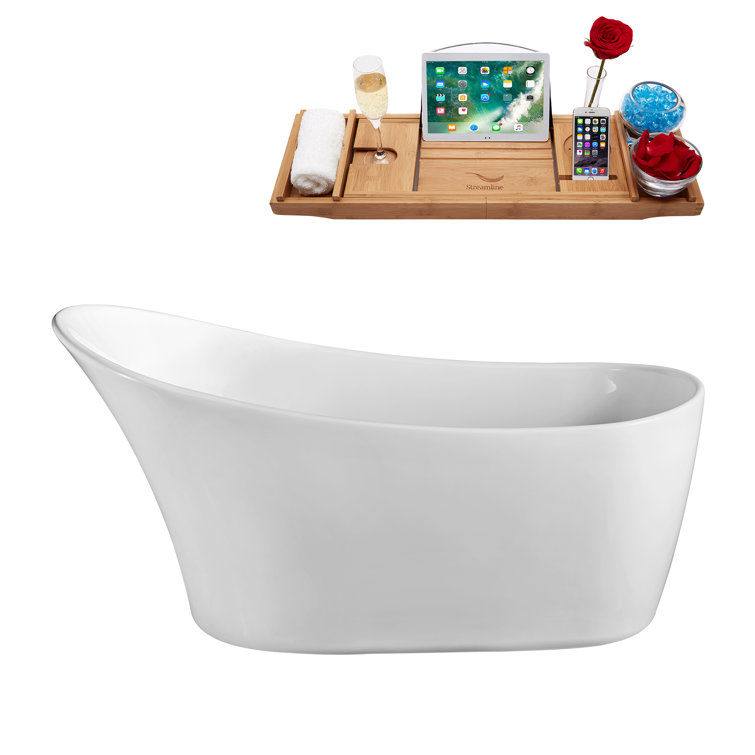 67" Glossy White Freestanding Acrylic Soaking Tub with Bamboo Tray