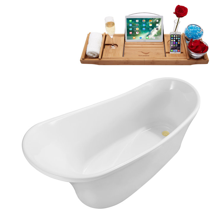 67" Glossy White Freestanding Acrylic Soaking Tub with Bamboo Tray