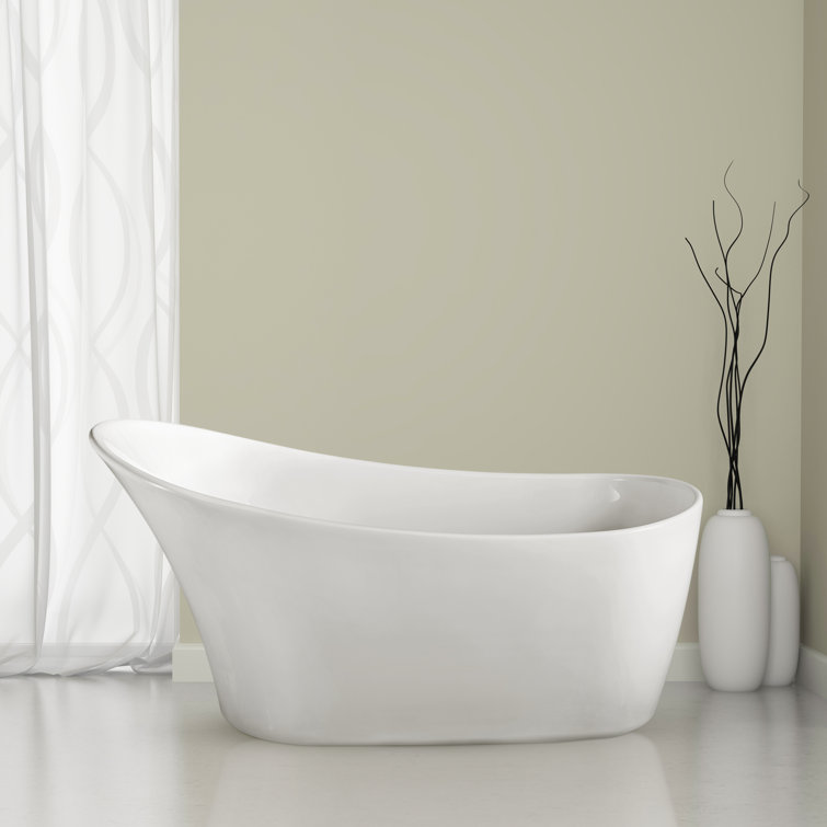 67" Glossy White Freestanding Acrylic Soaking Tub with Bamboo Tray