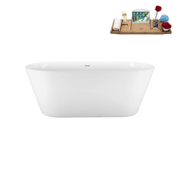 59.1'' Glossy White Acrylic Freestanding Soaking Bathtub with Polished Brass Drain